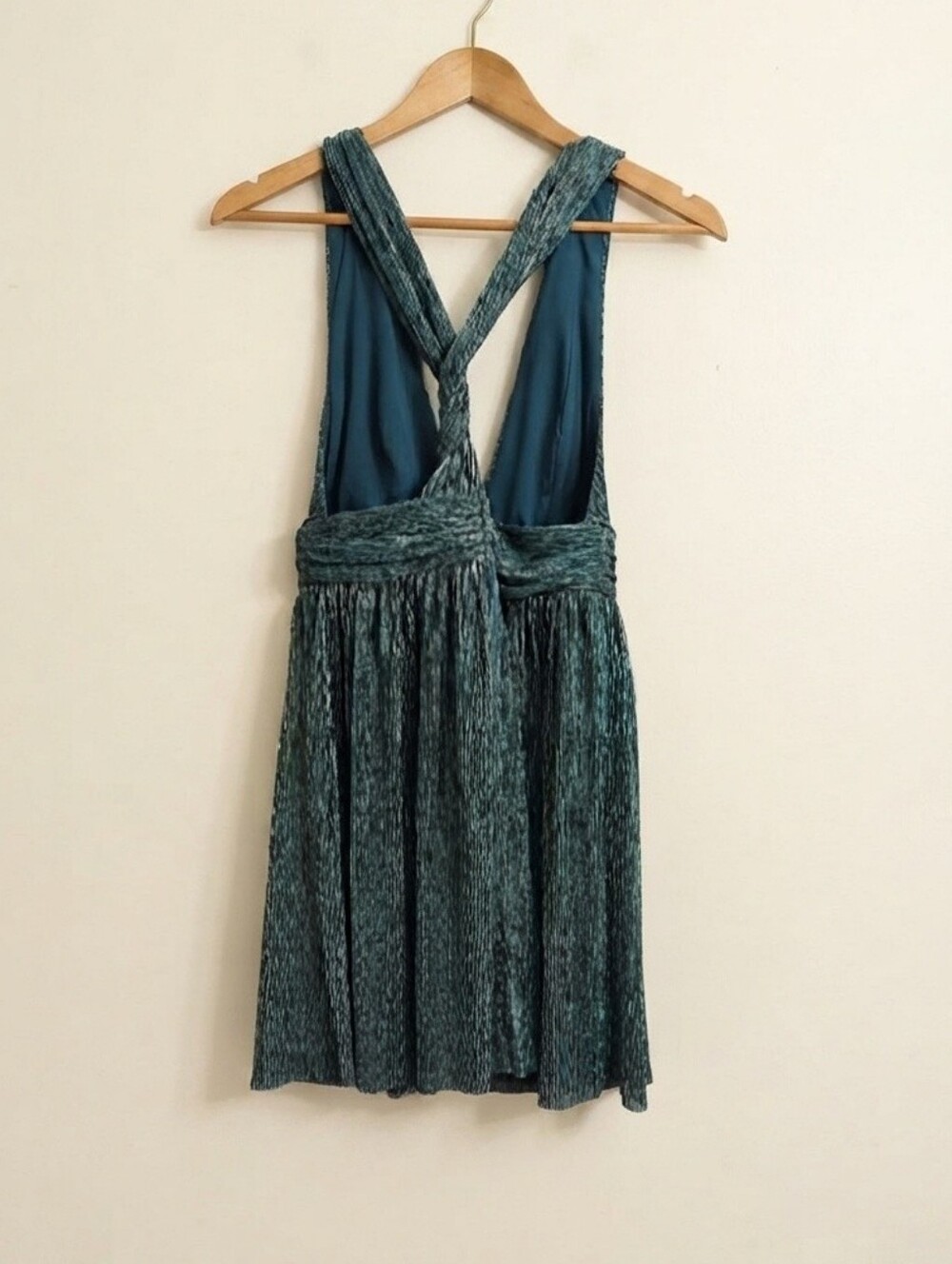 Lulus Ailey Metallic Teal Gold Skater Dress Twist Back Medium - Picture 5 of 7